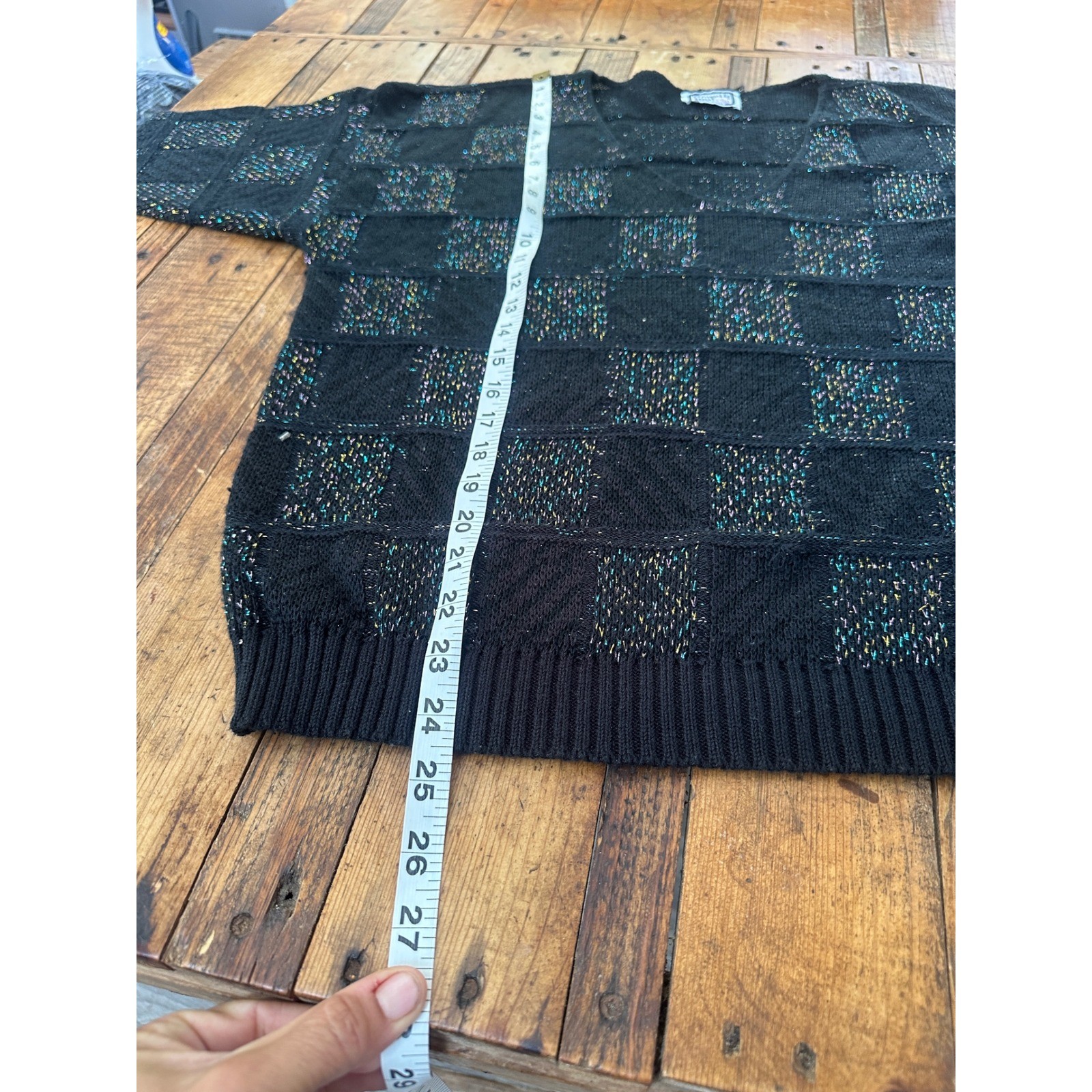 Vintage Kenneth Too Plus Black Knit V-Neck Sweater Sparkle Plaid
