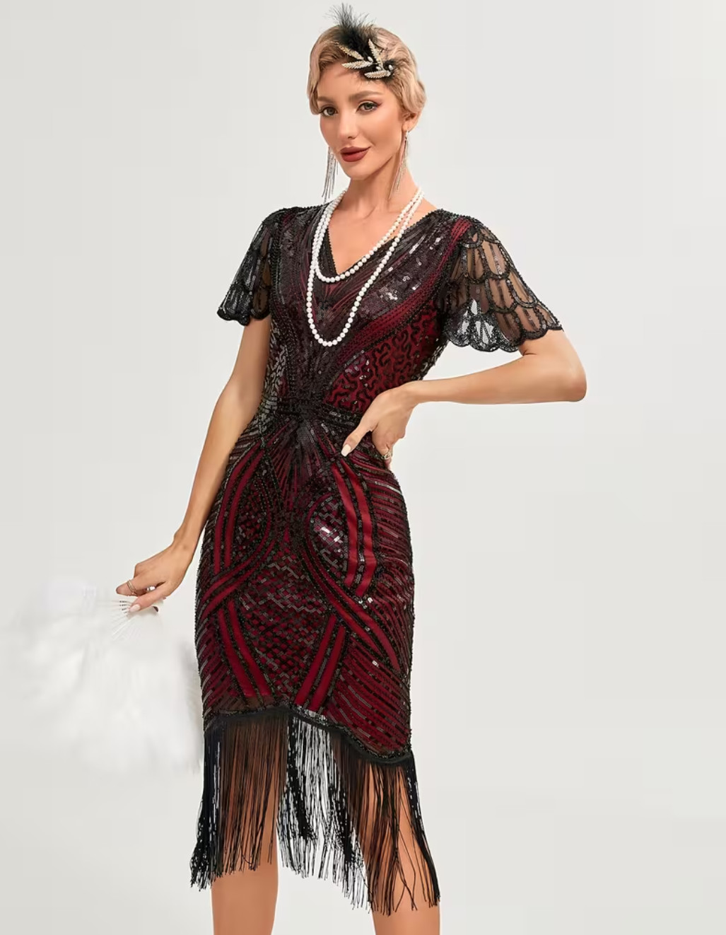 Red 1920s Flapper Dres Gatsby Roaring 20s Sequin Fringe Cocktail Party 3XL
