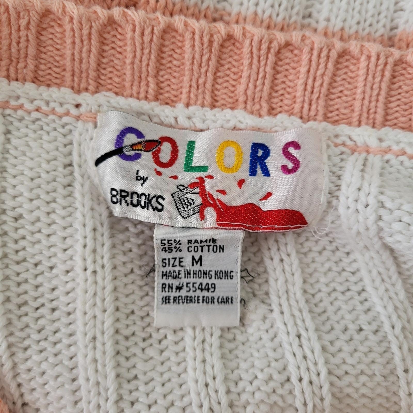 Vintage 90s Cable Knit Varsity Tennis Sweater Pink Cream Womens M Distressed