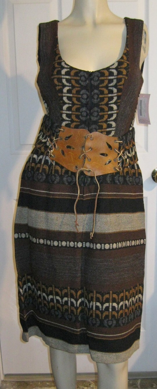 Vintage S Howard Hirsh California Woven Wool Tapestry Dress Leather Belt