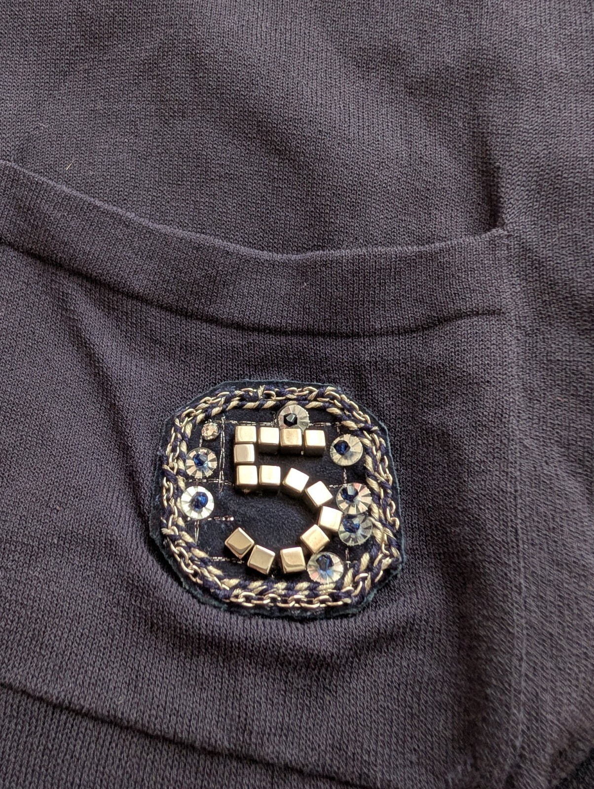Chanel No 5 Embellished Logo Navy Silk Viscose Blouse Top T-Shirt Oversized 2XL