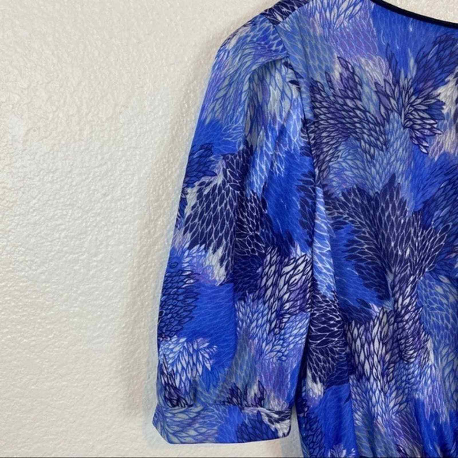 Blouson Dress Sheer Franky B Women’s Sz S Blue Round Neck Feathers Puff Sleeve