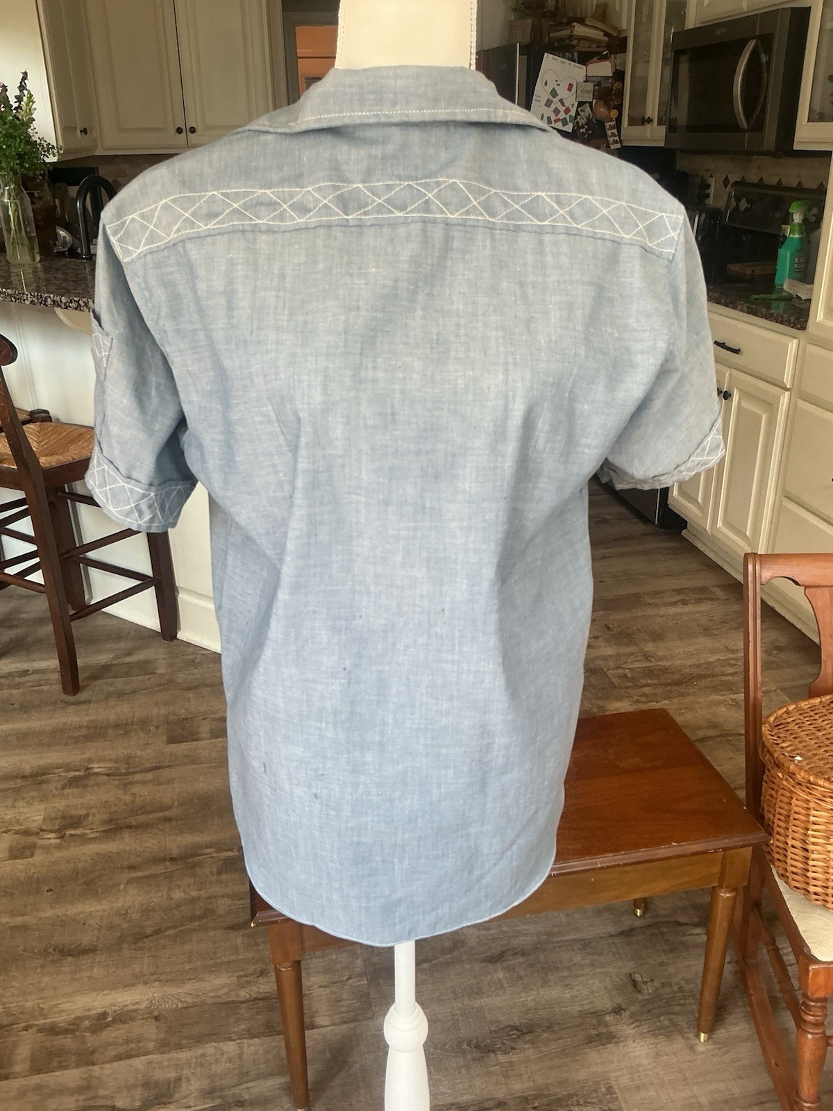 VTG 70s Haitian Chambray Embroidered Skipper Shirt Tunic Boho Cabana Medium M