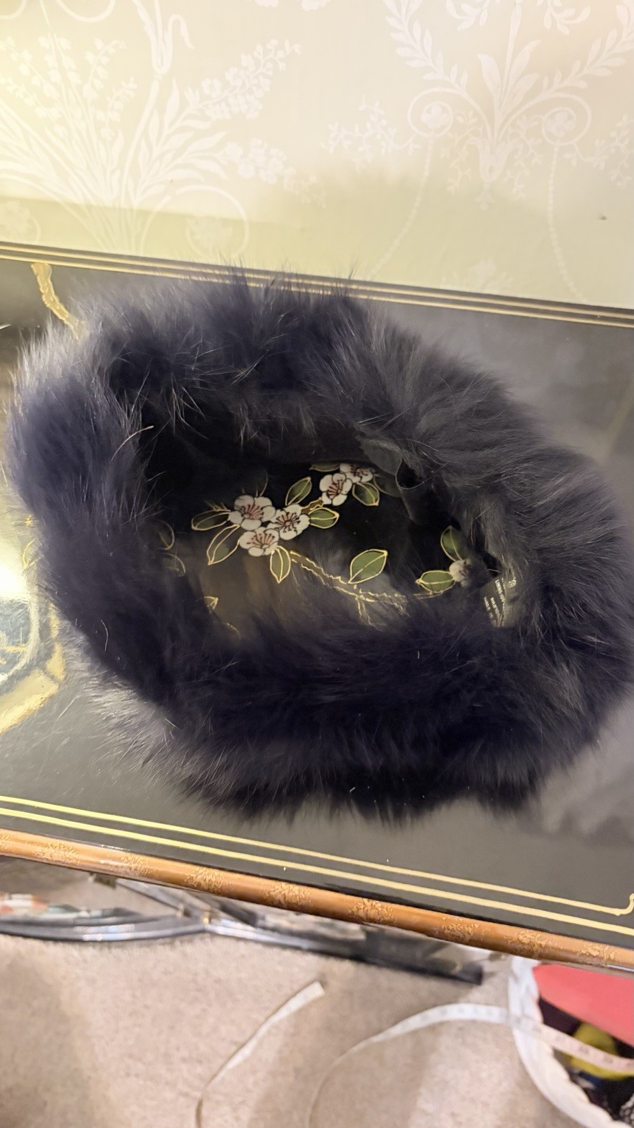 LIORAH Real DARK BLUE Fox fur headband hat, lined 23″ rhinestone band