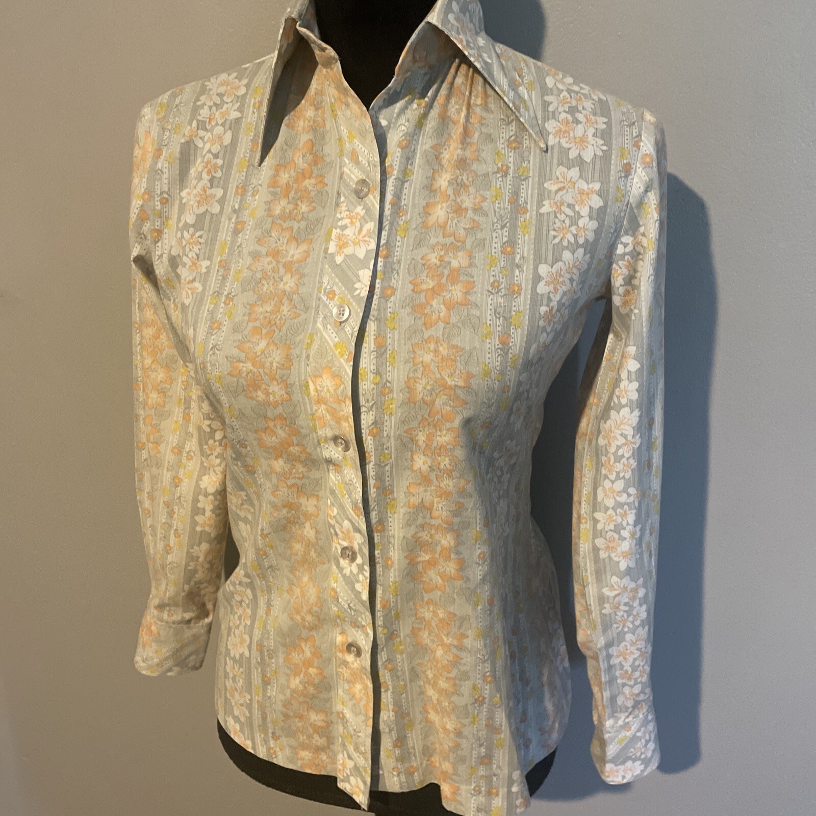 Vintage College Town Small Floral Stripe Button Down High Collared Blouse Top