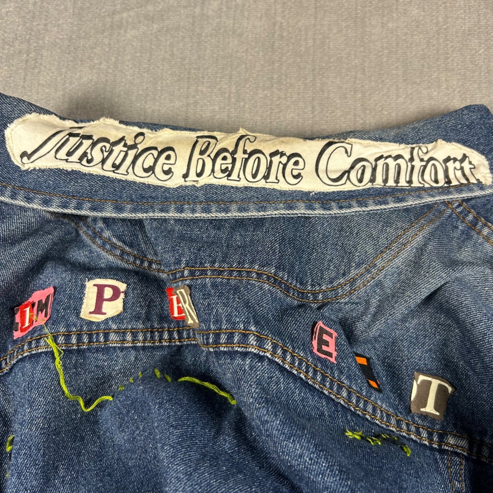 Denim Gear DIY Punk Custom Fringe Jean Jacket XXL Blue Distressed Eat The Rich