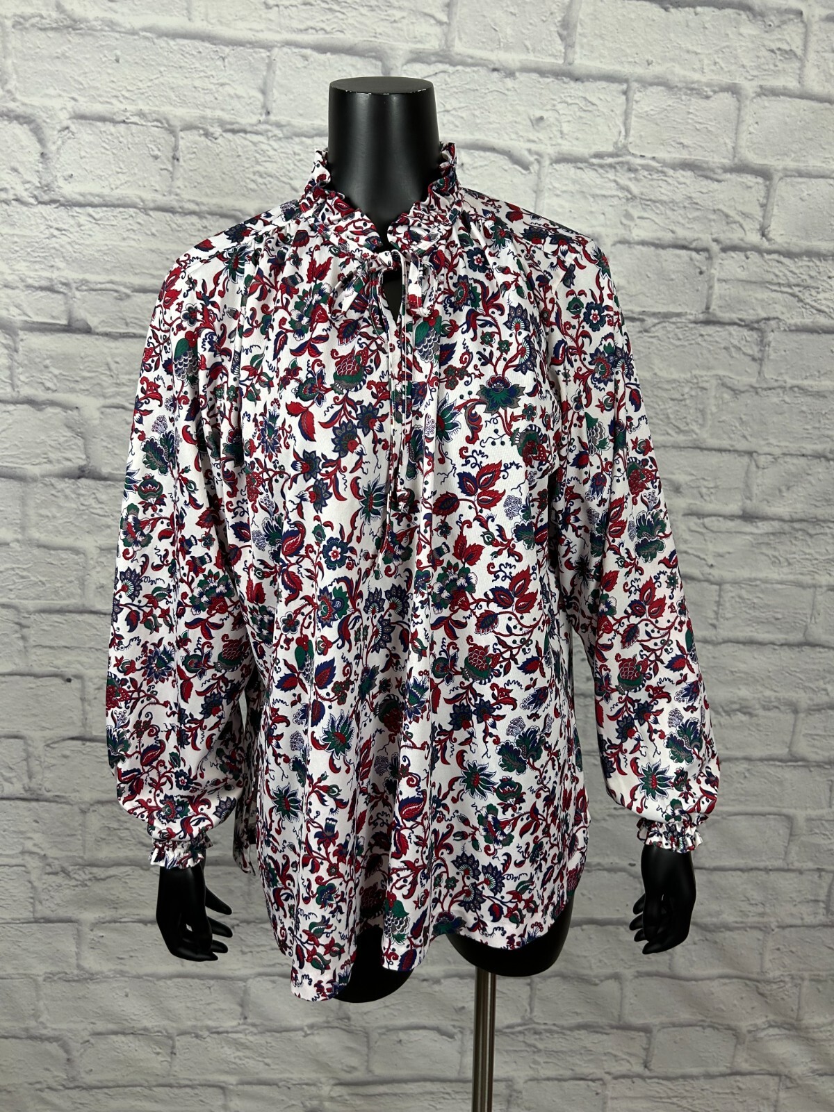 Vtg 80s Floral Print Long Sleeve Ruffle Tie Neckline Blouse Top Women’s XL