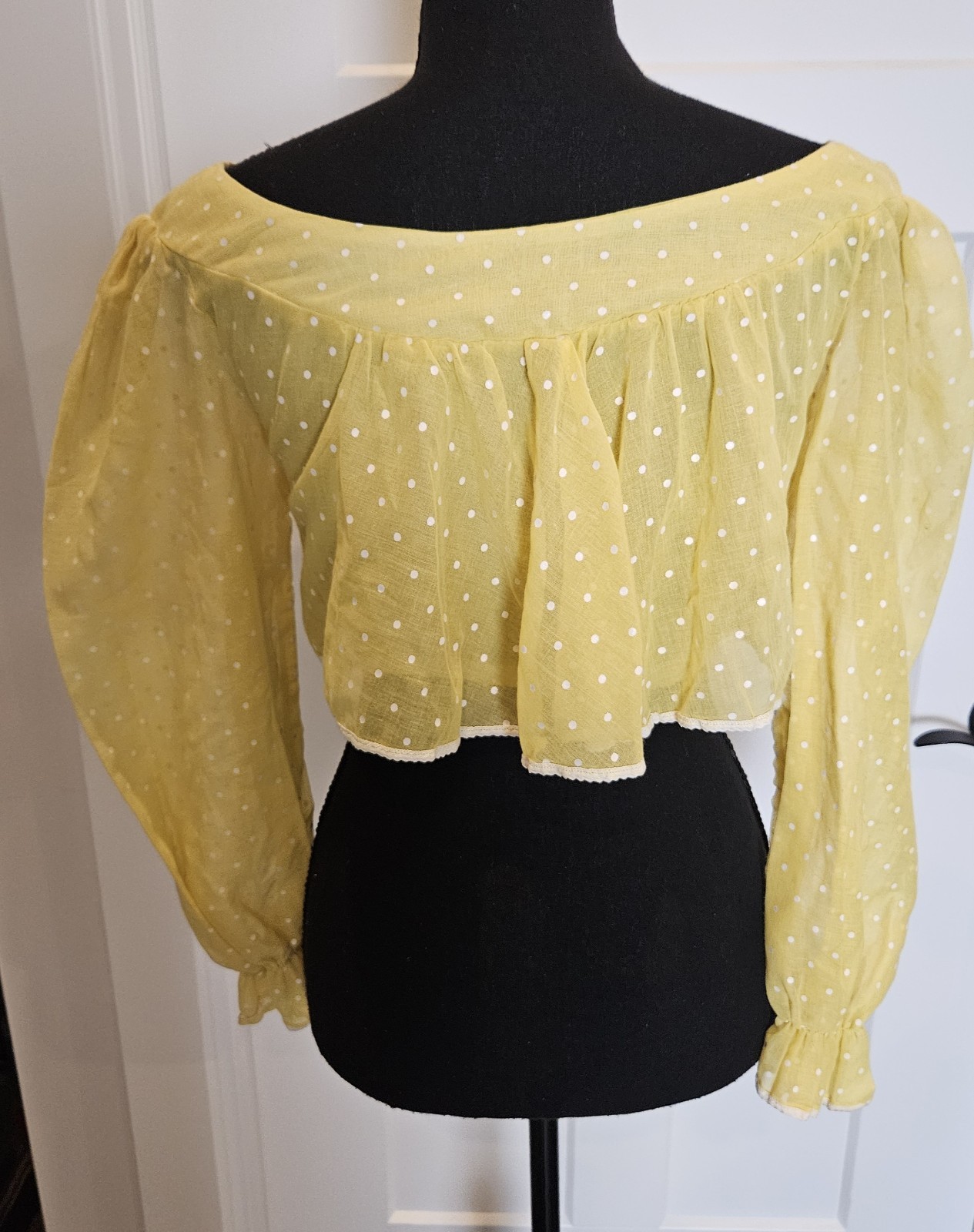 VTG 70s Handmade Women’s Polkadot Sheer Long Sleeve Crop Top Button Up Back