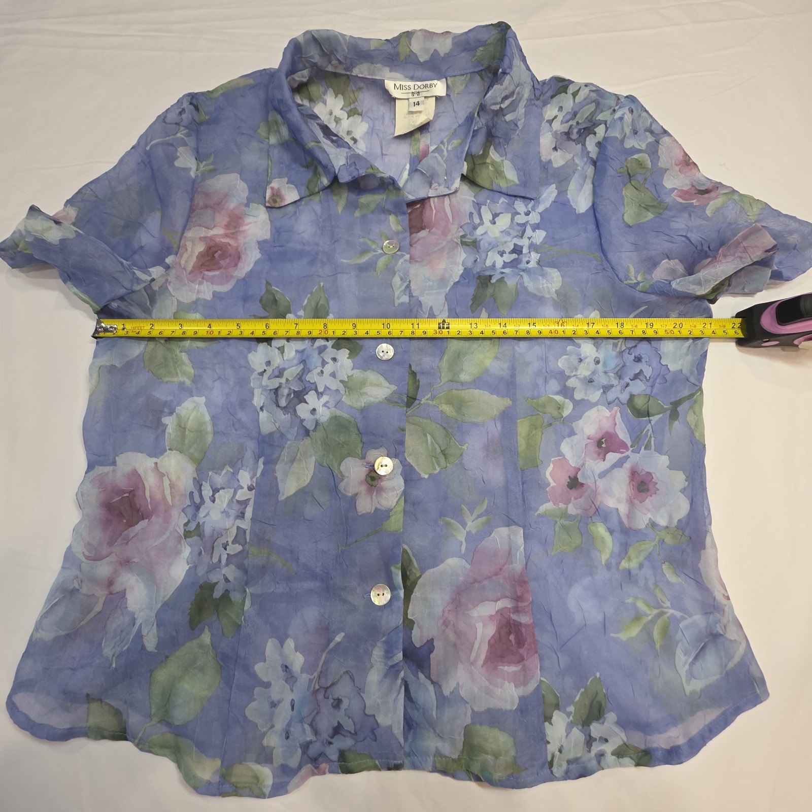 Miss Dorby Vtg Size 14 Floral Crinkle Button Up Fly Away Blouse Periwinkle Fairy