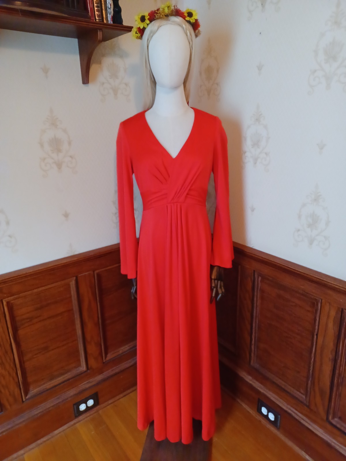 Vintage 1970s Tomato-Red Boho/Disco Empire Waist Hostess Maxi-dress