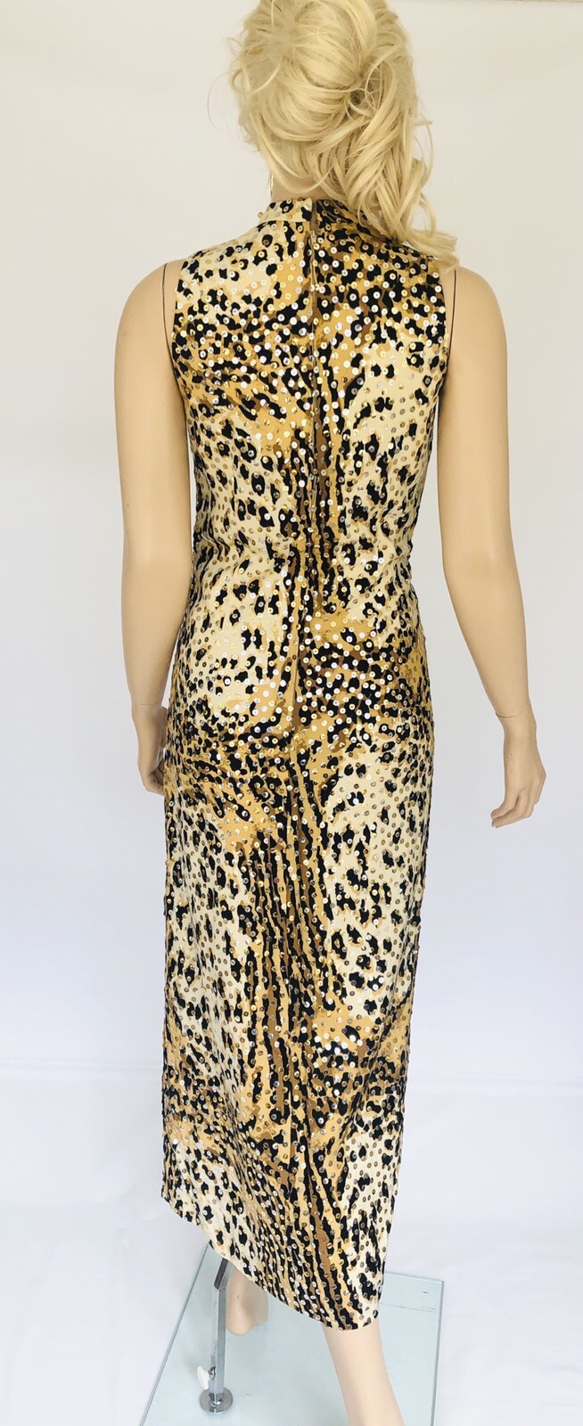 Leopard Sequined Dress Mollie Parnis DESIGNER Midi Long Leg Slit Shift Vintage