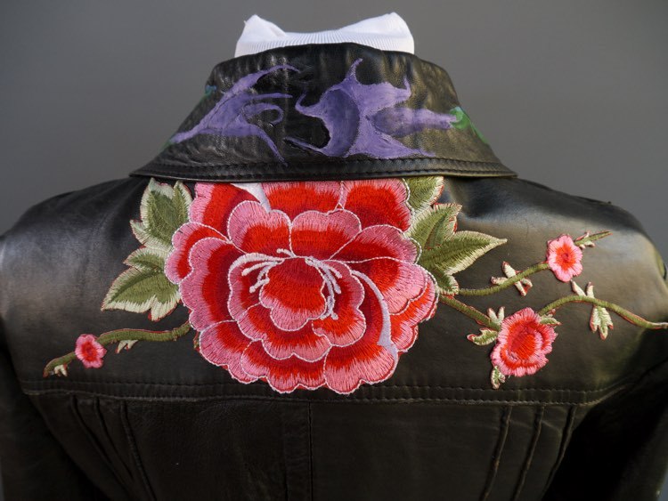 VTG Black Leather Jacket Mexican Day Of The Dead Applique Hand Painted S M