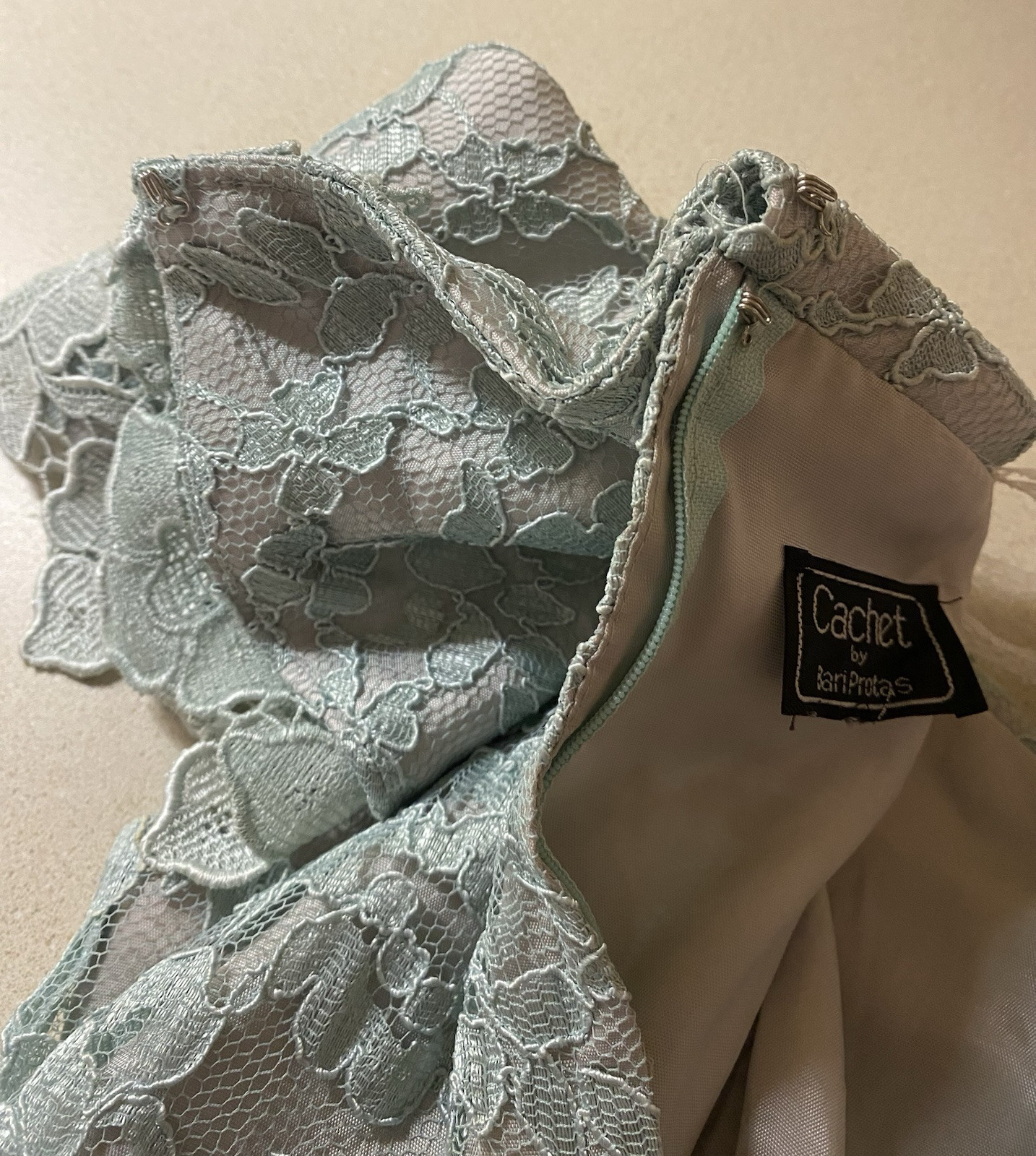 Vtg 80s Dress Cachet By Bari Protas Sage Green Lace Full Length Gown Sz 12