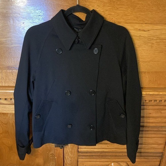 90s Vintage Preppy Katherine Barclay Black Double Breasted Ruffle Back Peacoat M