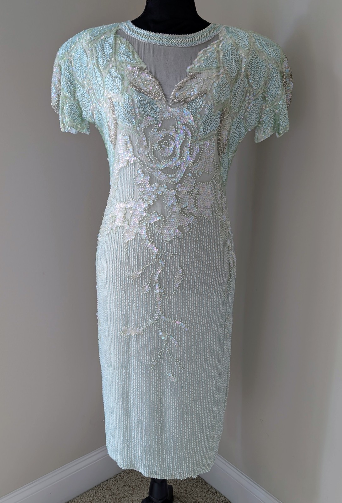 LILLIE RUBIN 100% Silk Vintage 90s Beaded Pearl Dress Gown Sheer Mint Green Sz 8