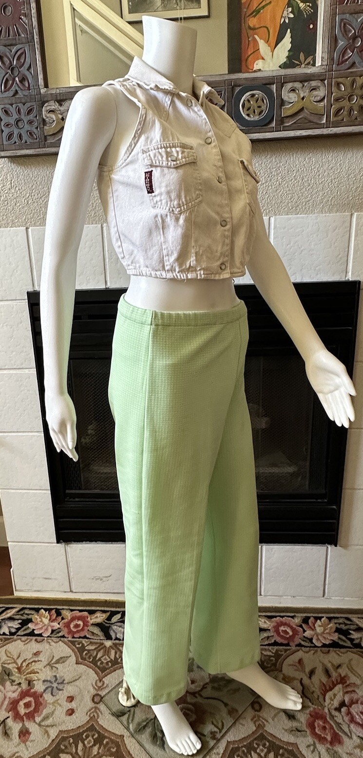 Green Plaid Polyester Pants 31×28 Lightweight Elastic Waist Vtg 70’s