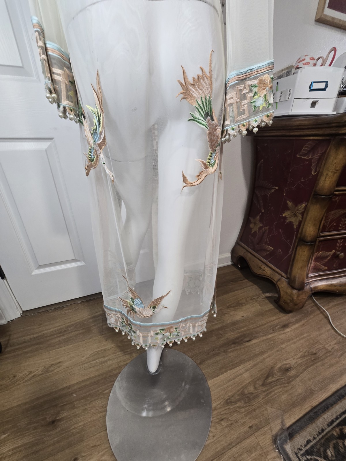 Vintage 20s/30s Sheer Art Deco Asian Style Embroidered Bridal Kinomo Faux Pearls
