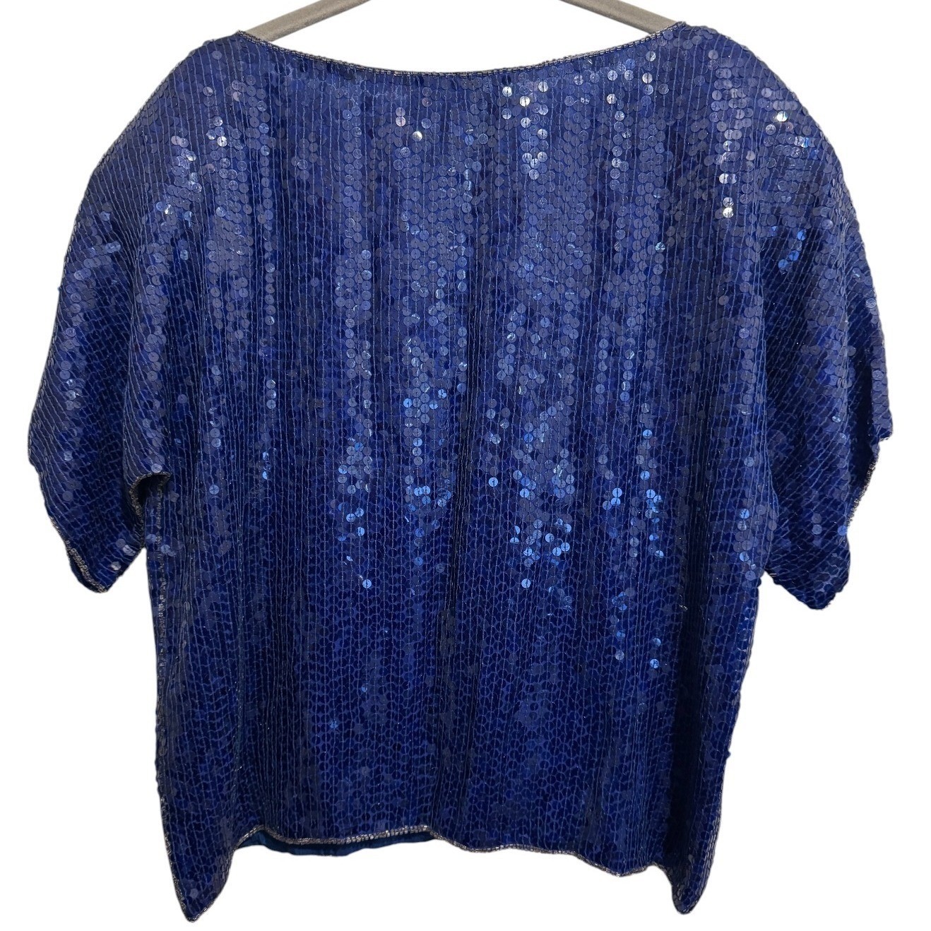 NEW Sequin Blouse Women’s Medium Blue Silk Top Deadstock Vintage Glam Sparkle