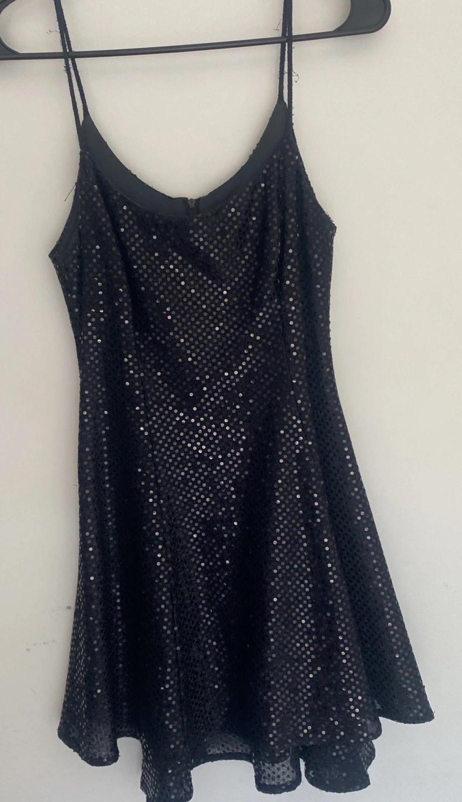 Vintage 90s Steppin Out Little Black Sequence Dress Spaghetti Strap Ruffle Skirt