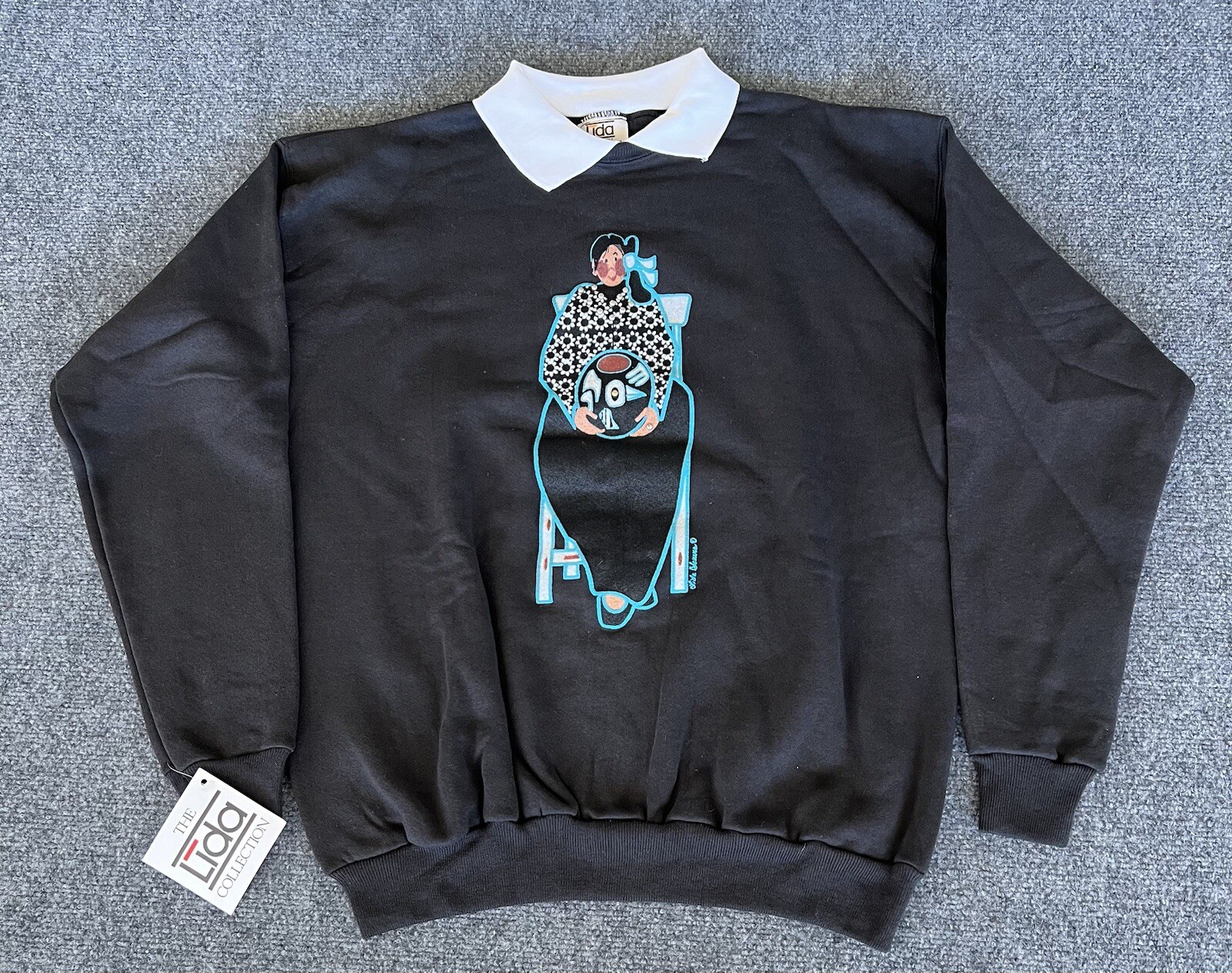 Lida Souers Sweatshirt VTG NWT Black Blue Maiden Art To Wear Southwest Collared