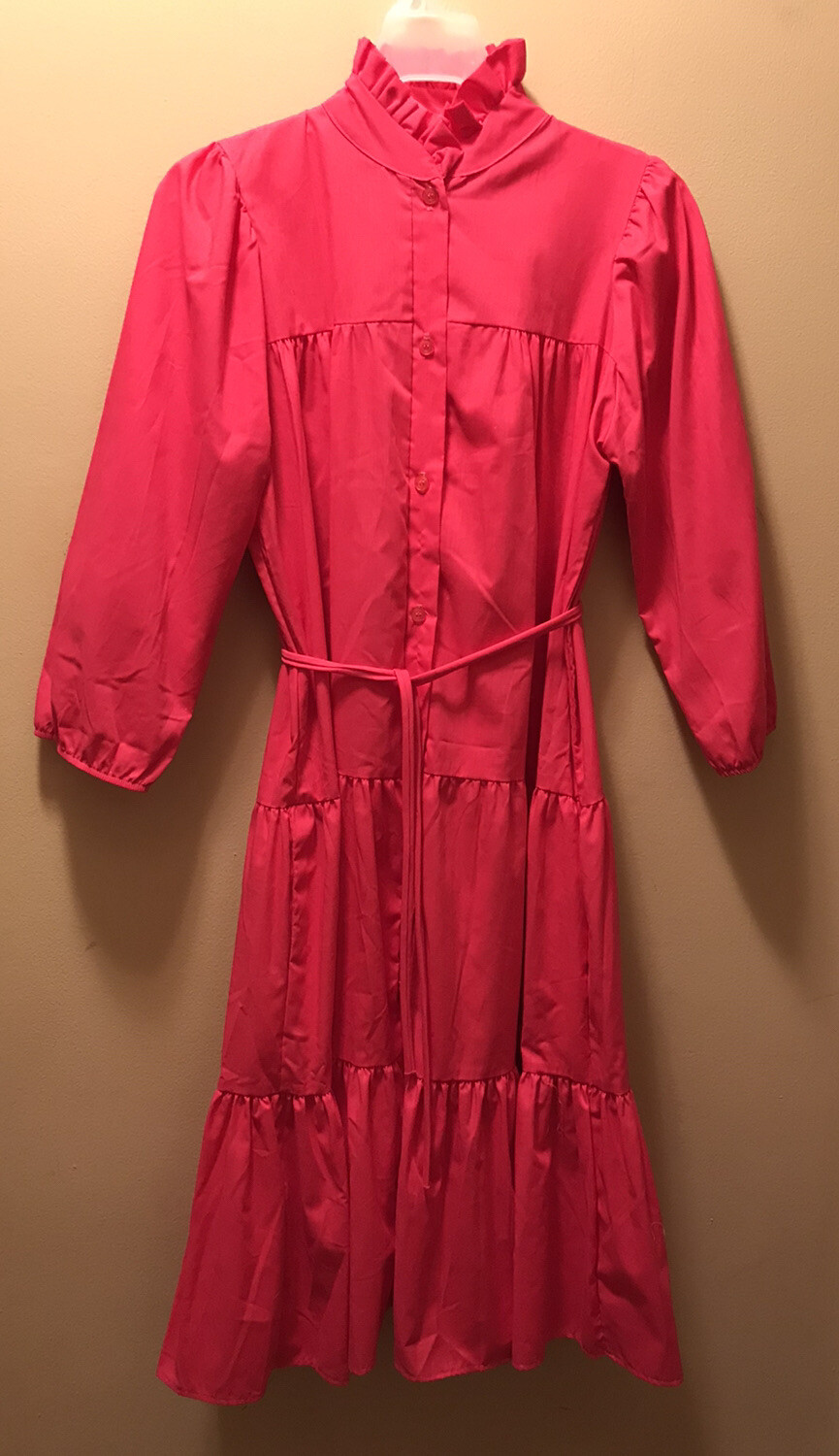 Vintage Pink Lightweight Peasant House Secretary Dress Tie Belt Pockets Sz Med