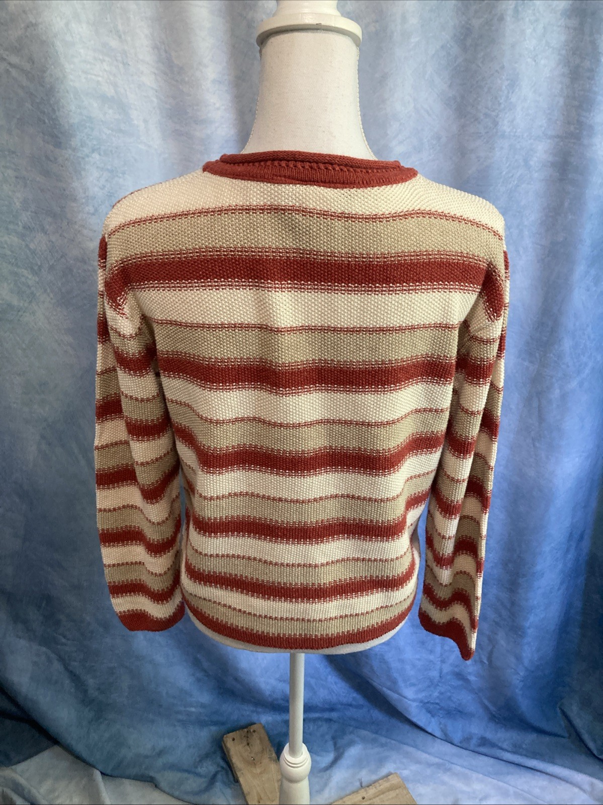 Vtg 90s Forever Creative Knit Striped Sweater Red Cream Cropped Cotton USA Indie