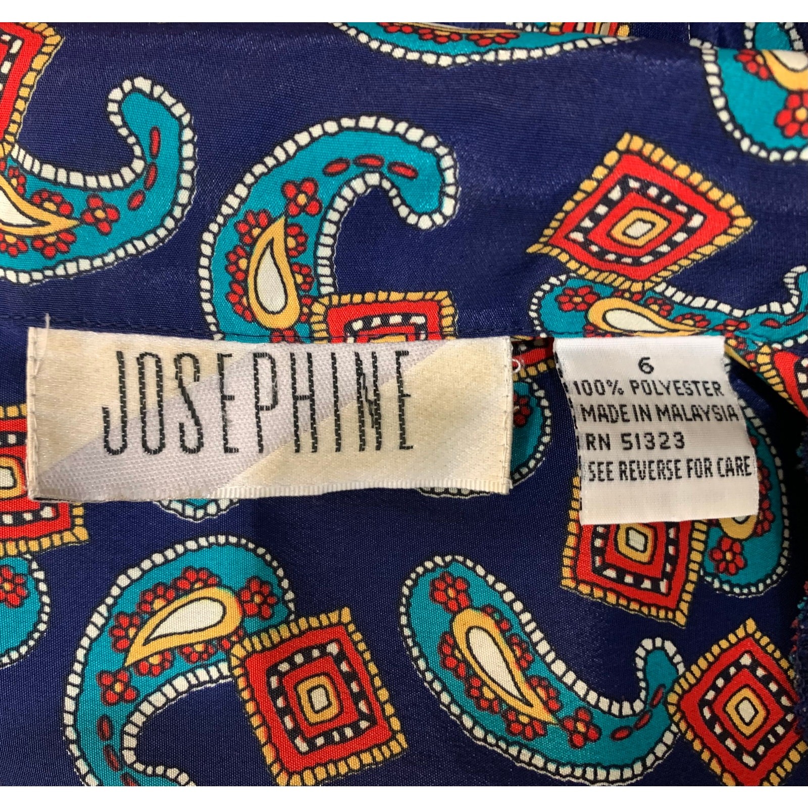 80s Silky Paisley Print Blouse Blue Teal Red Gold Josephine Size 6