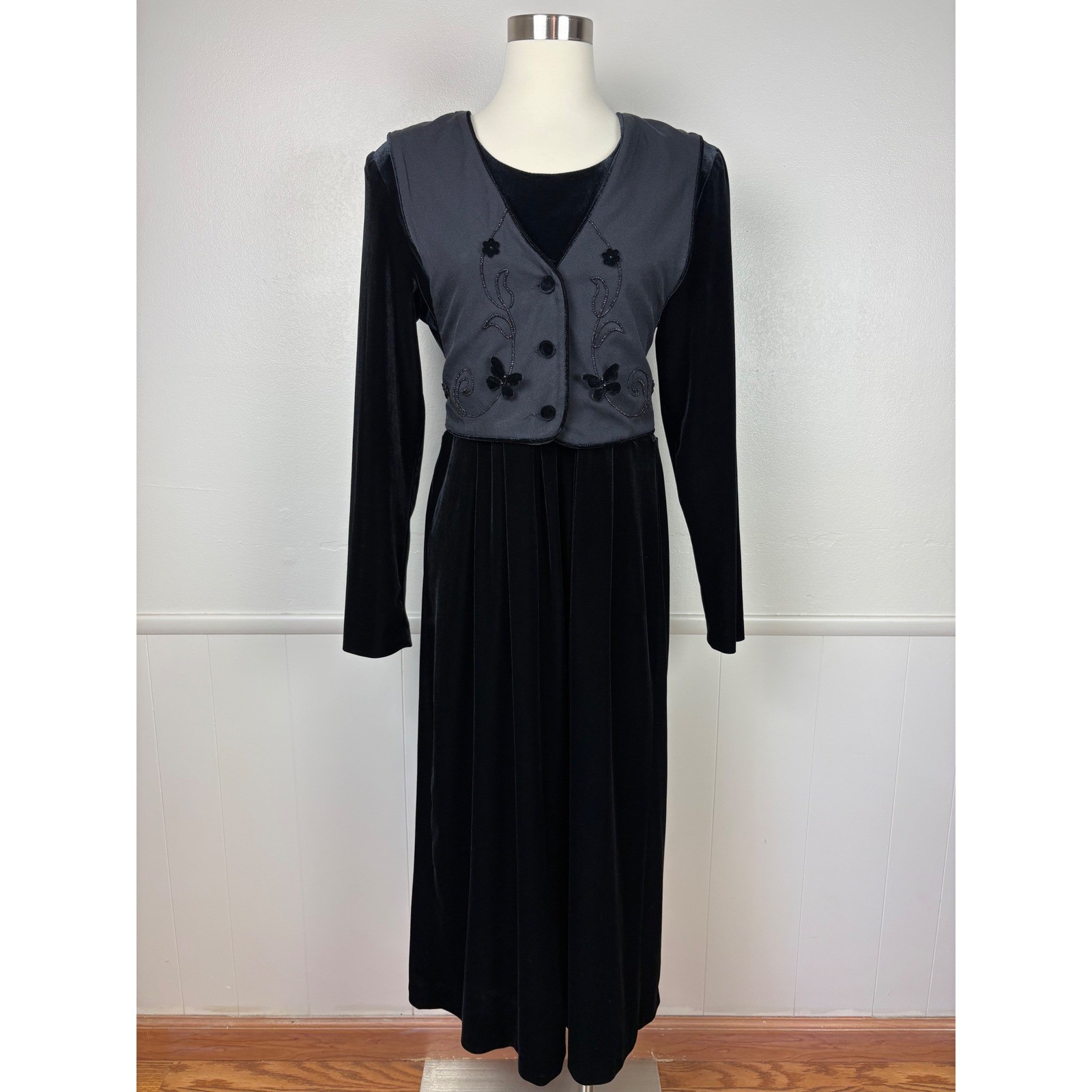 J.B.S. Ltd Vintage Velvet Midi Dress with Beaded Faux Vest Sz 12 Modest 80s 90s