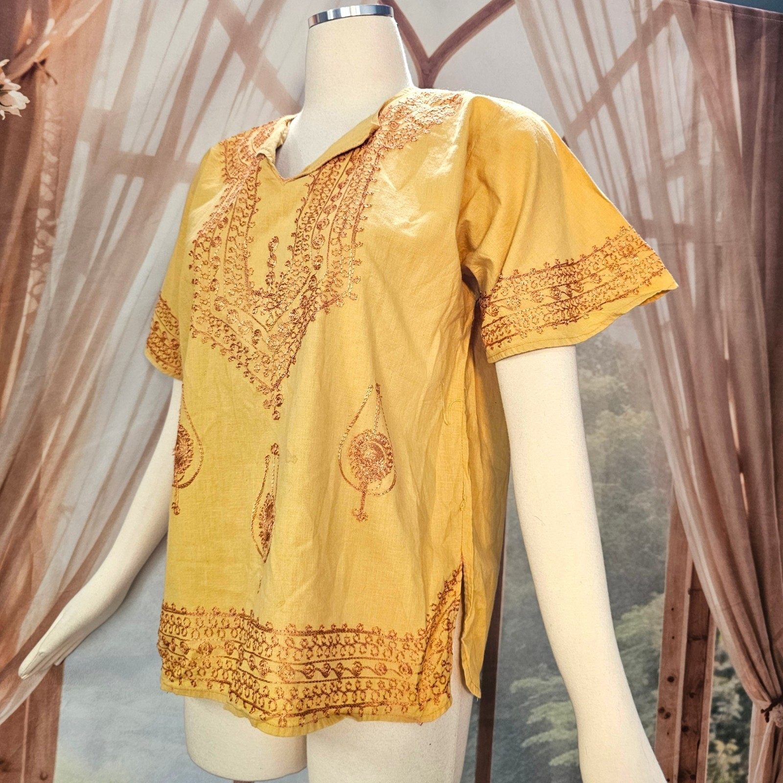 Vintage 1970s Blouse Top Shirt Mustard Yellow Embroidered India Short Sleeve