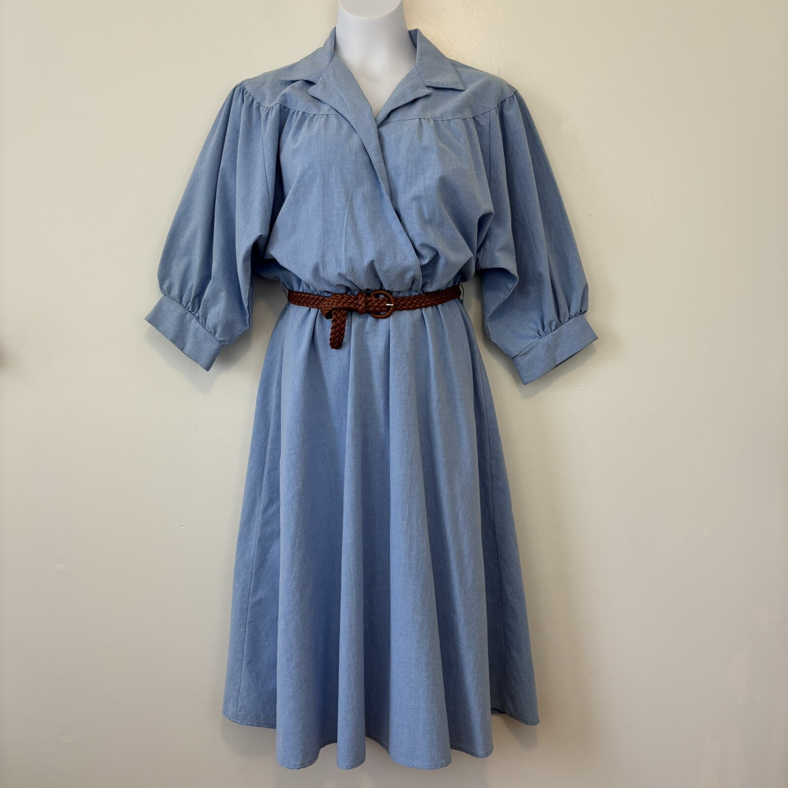 Vintage Blondie And Me Blue Cotton Dress Small Medium Midi Puff Sleeve