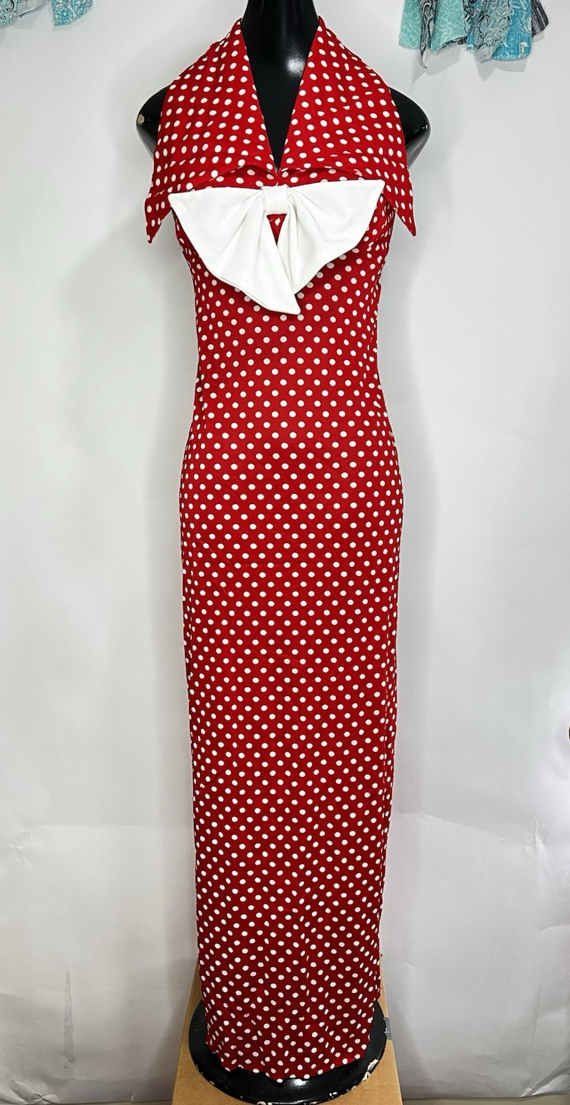 Jack Hartley Miami Vintage Dress Red White Polka Dot Sailor Stretch Halter Maxi