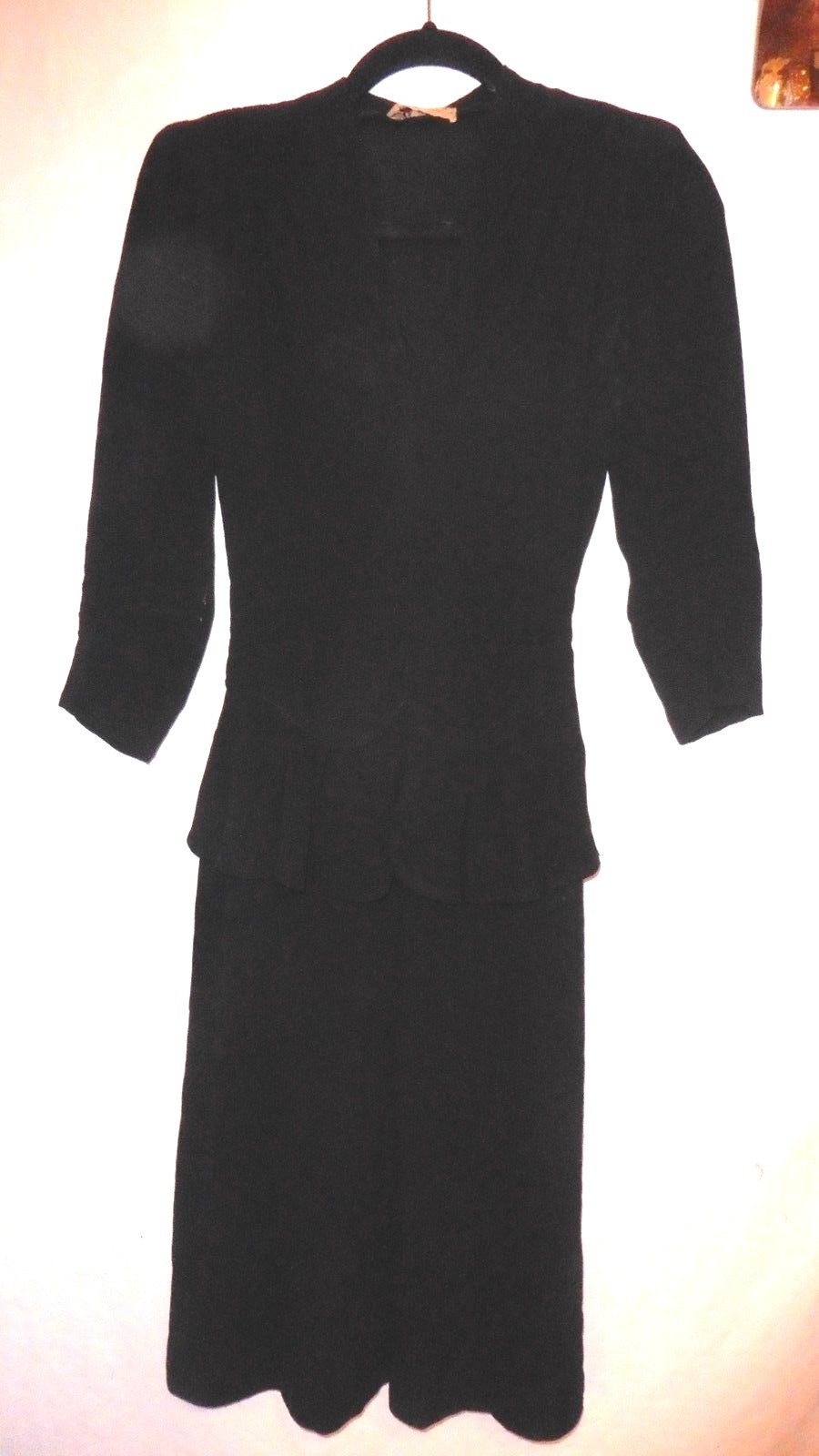 30s Black Crepe Dress w/ Tie Back Peplum XS by Franklin Simon New York
