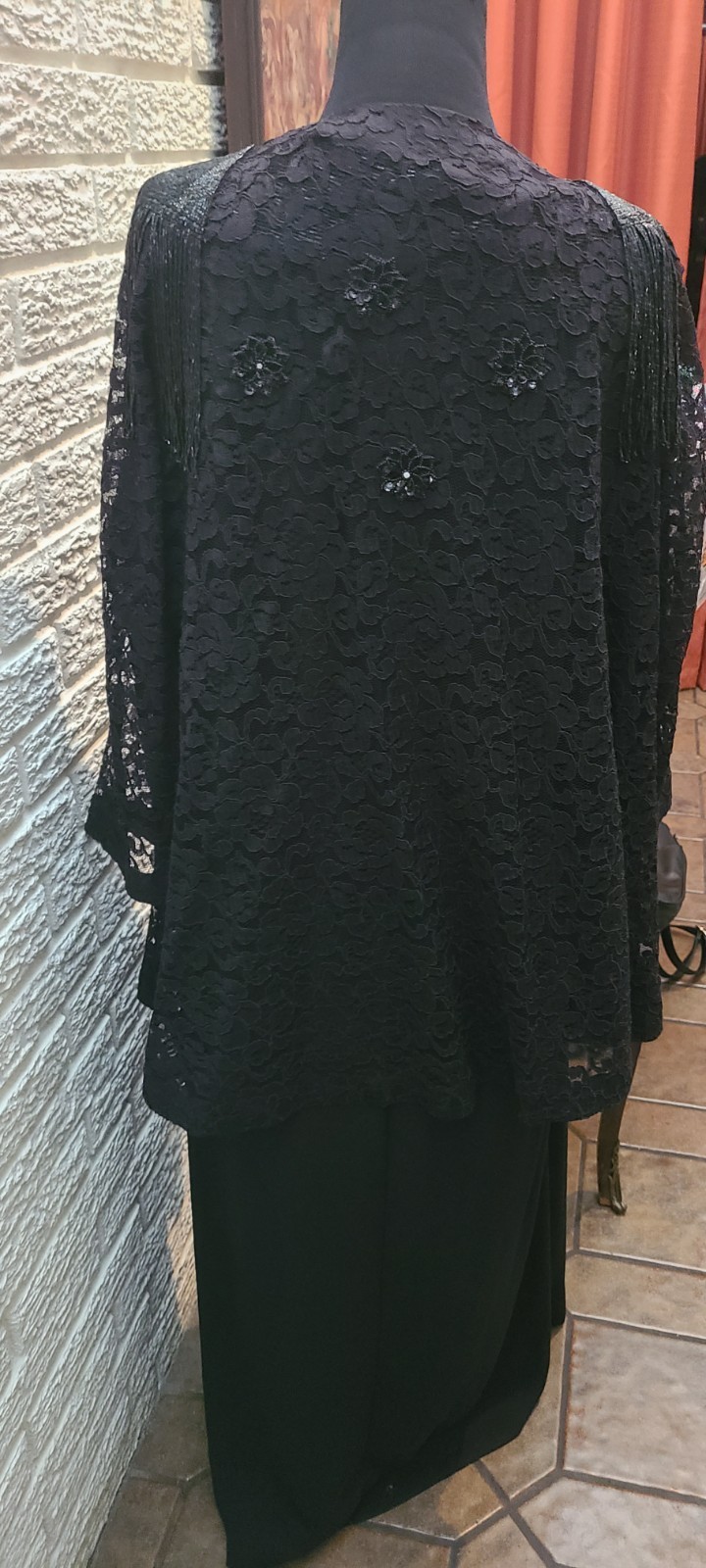 Chez California Vintage Black Lace Sequin Formal Jacket & Dress Set sz 24/54