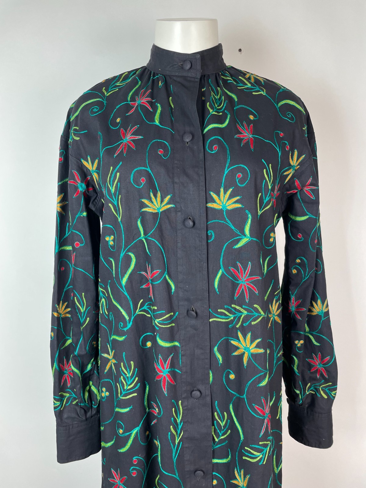 Vintage Y2K High Collar Black Embroidered Long Sleeve cotton shirt Dress M 38″