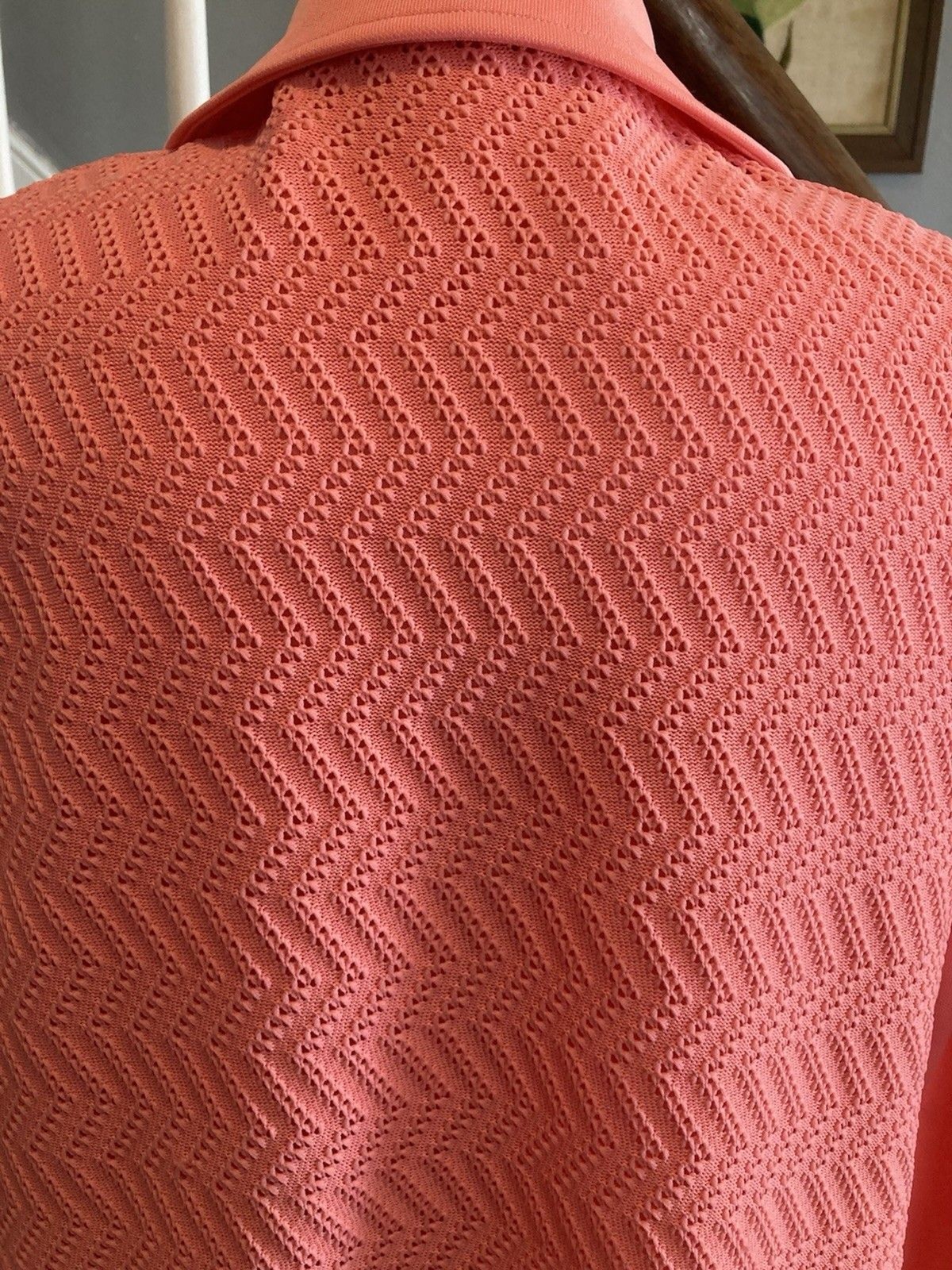 1970s Salmon Pink Coral Crochet Polyester Twinset Shell Jacket Mod Disco Spring