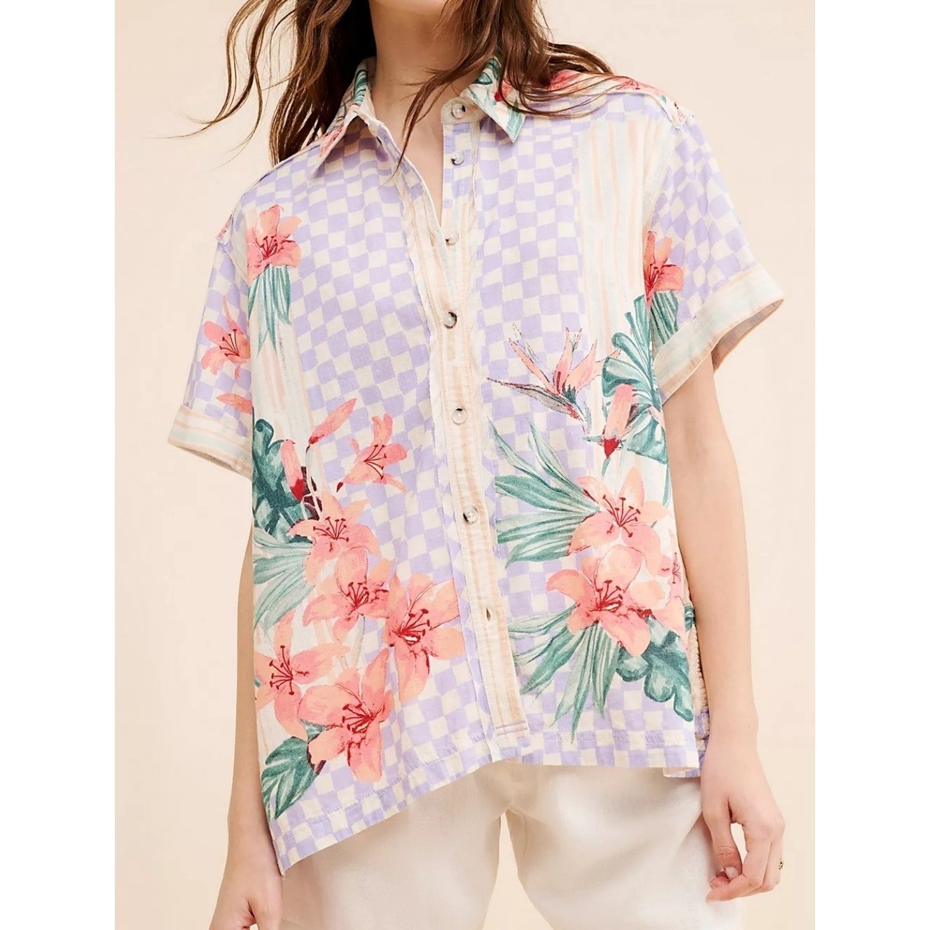 We The Free Retro Tropics Linen Blend Shirt Sz Medium Floral Resortwear Summer