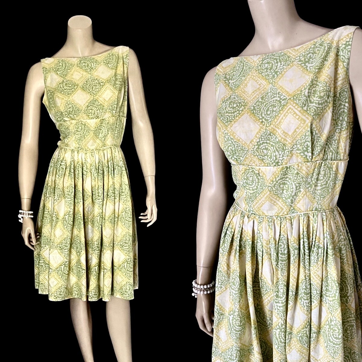 Darling 1950s Cotton Summer Frock, Yellow & Green Print, Petite, Small, VLV