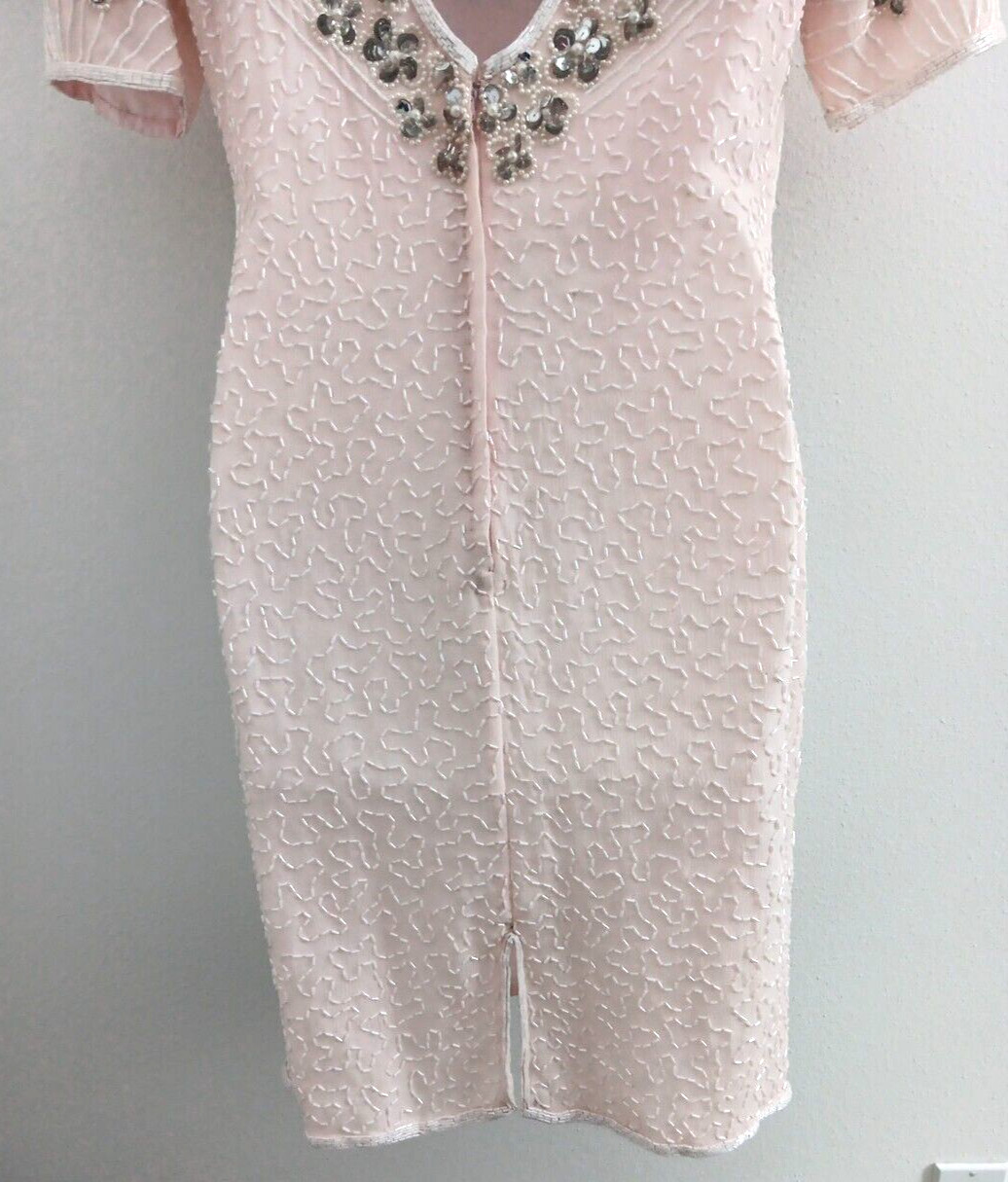 Jennifer Evening Gown Medium Light Pink Midi Silk Bead Sequin Keyhole NEW Bridal