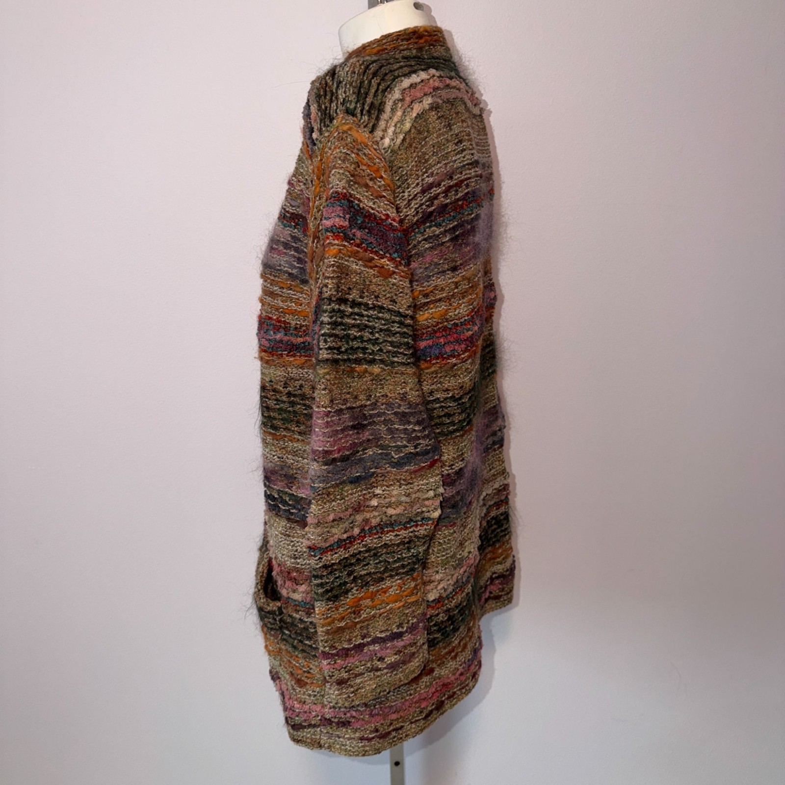 Vintage 90s High Country Hand Knit Wool Cardigan Striped Earth Tones Womens M/L