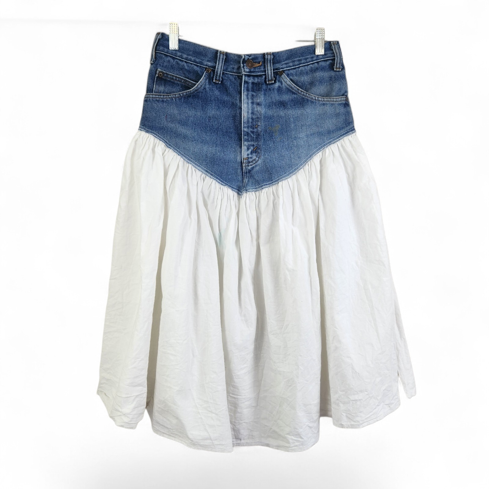 Vintage 70s Denim Short White Cotton Midi Skirt Small / 28″ Festival Boho Cntry