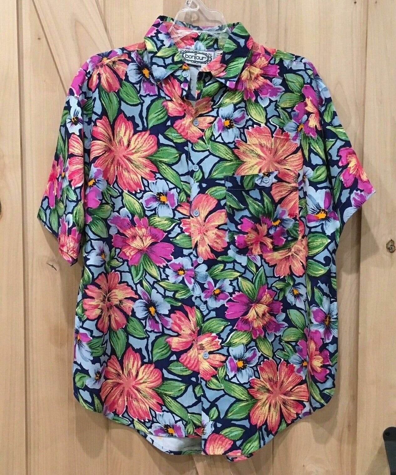BONJOUR Vintage 90s Floral Flower Blouse Oversize Shirt Button Down Size M NOS