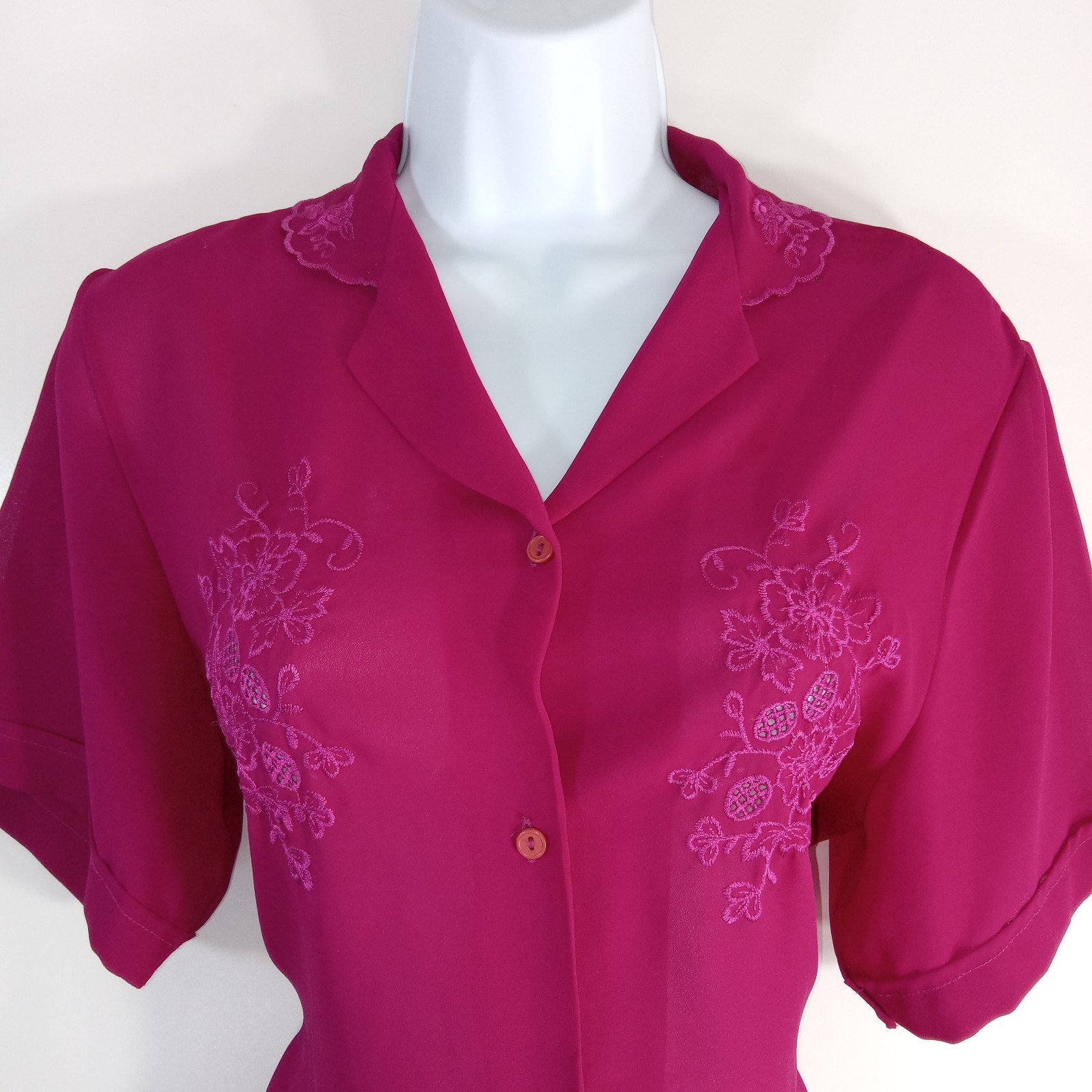 Vintage Puccini Blouse Chiffon Floral Eyelet Design Button Up Pink Womens Large