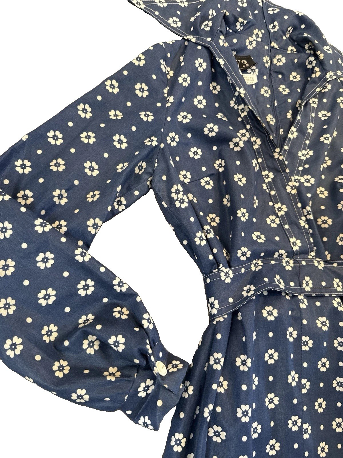 Vintage 1970s DW3 David Warren Collared Dress Navy & White Floral Belted Sz S/M