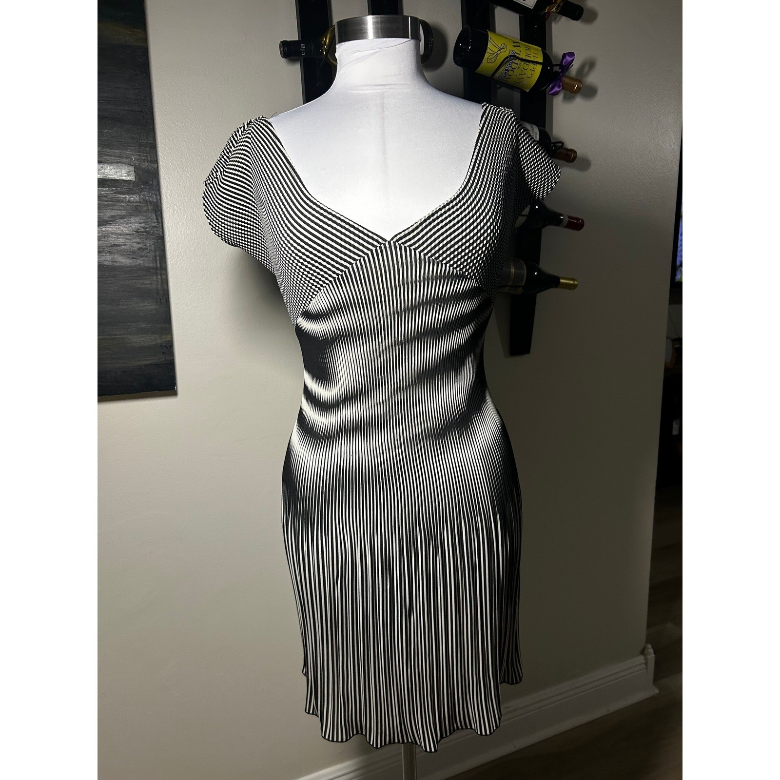 Rare Vintage Vivienne Tam Black White Optical Illusion Pleated Dress Size 2