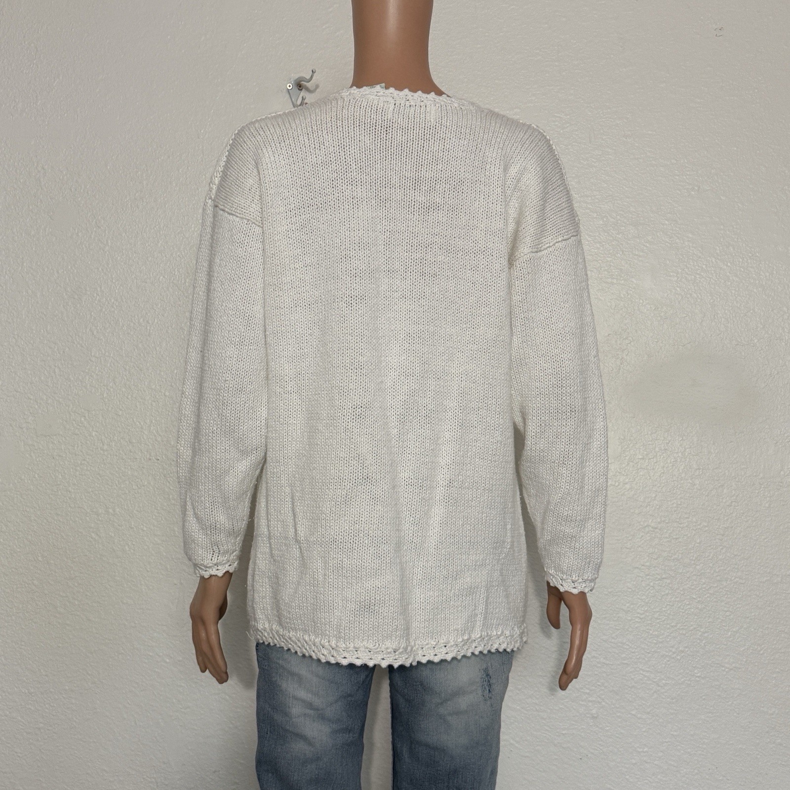 Vtg 80s 90s Cream Knit Floral Ribbon Embroidery Sweater Sz L Coquette Cottagecor