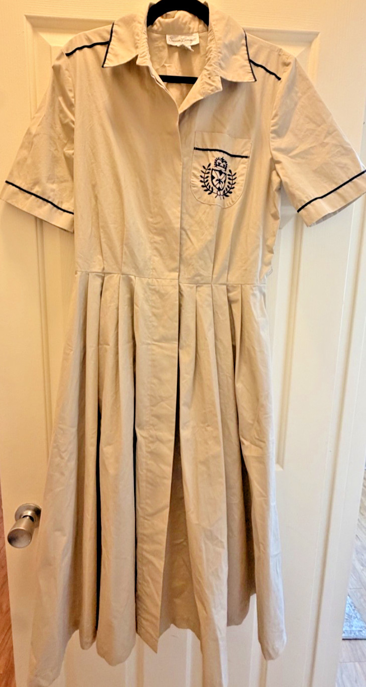 Vintage 80s 90s Preppy Shirt Dress Womens 12 Beige Fit Flare Full Skirt Academia