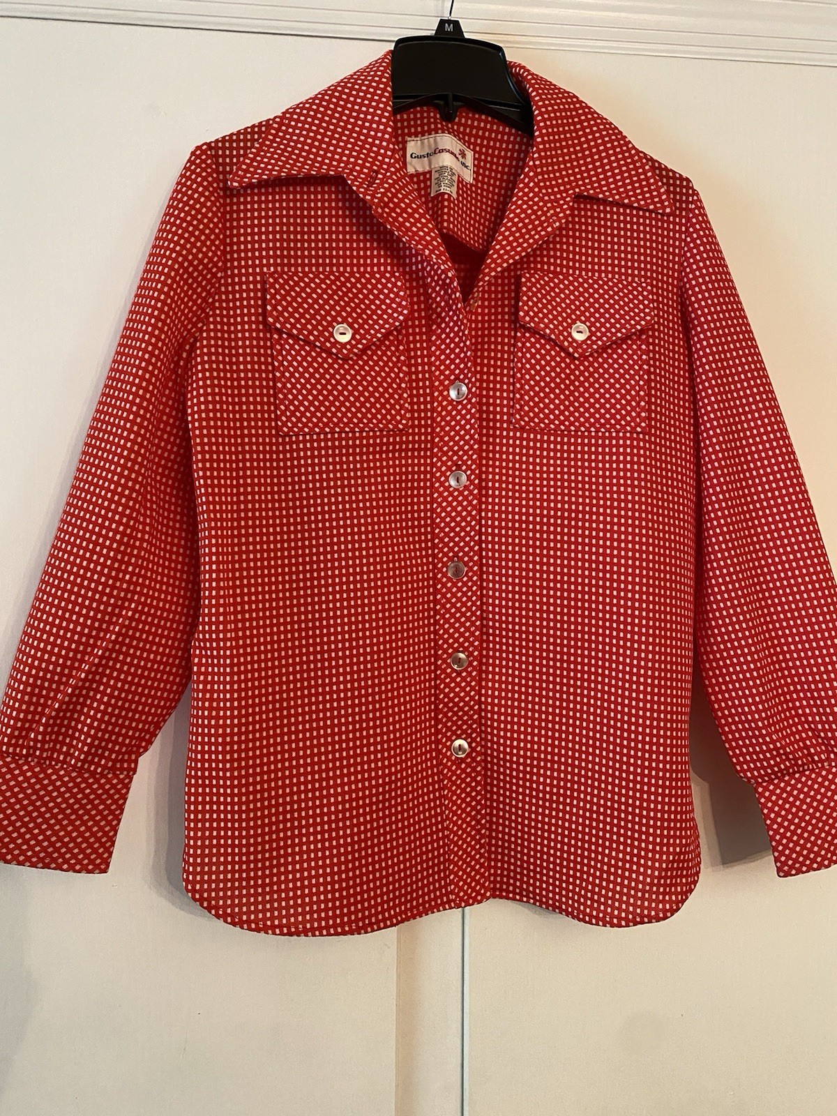 Vtg 70’s Red Women’s M Spread Collar Polyester Shirt Polka Dot Rockabilly Disco