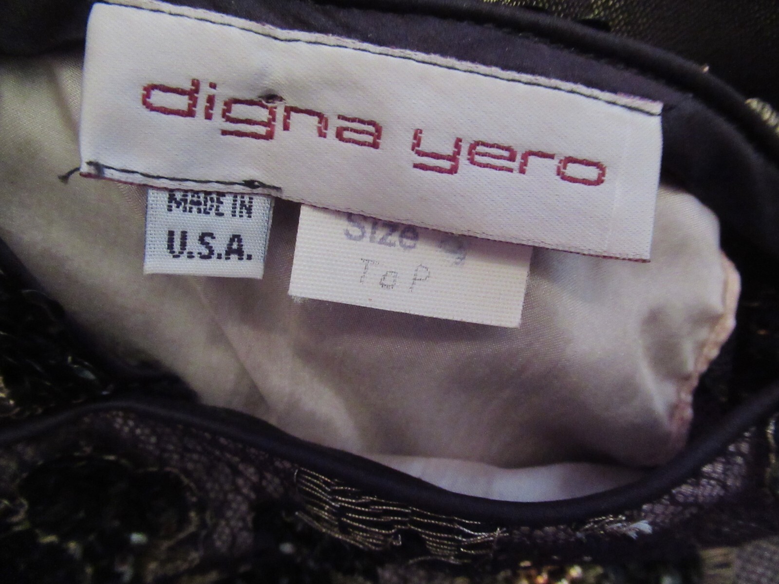 Vintage Digna Yero Black Gold Metallic Sequin Lace Bead Backless Formal Dress 8