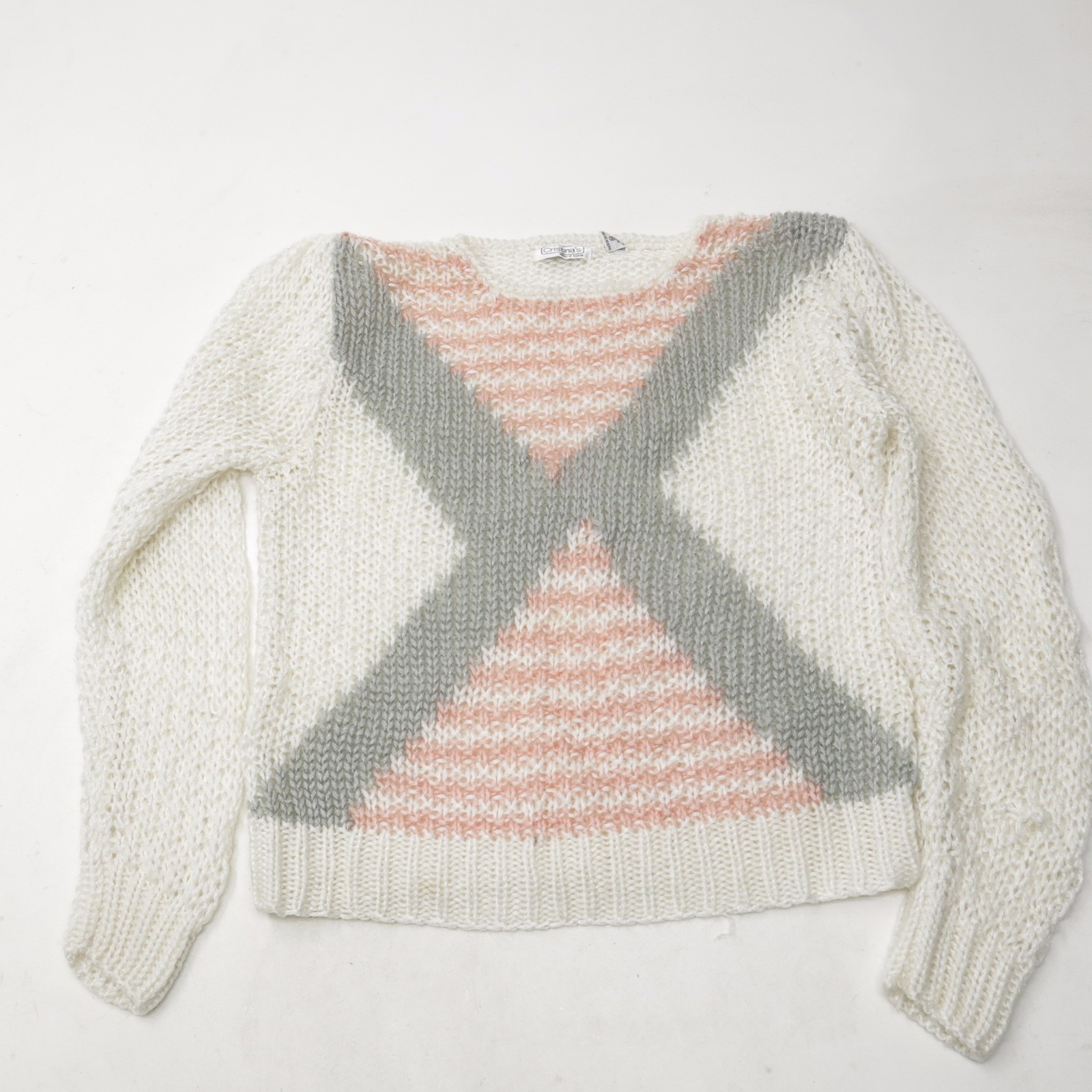 Vtg 80’s Loose Knit Women’s Feminine Pullover Sweater Pink Gray White SZ M