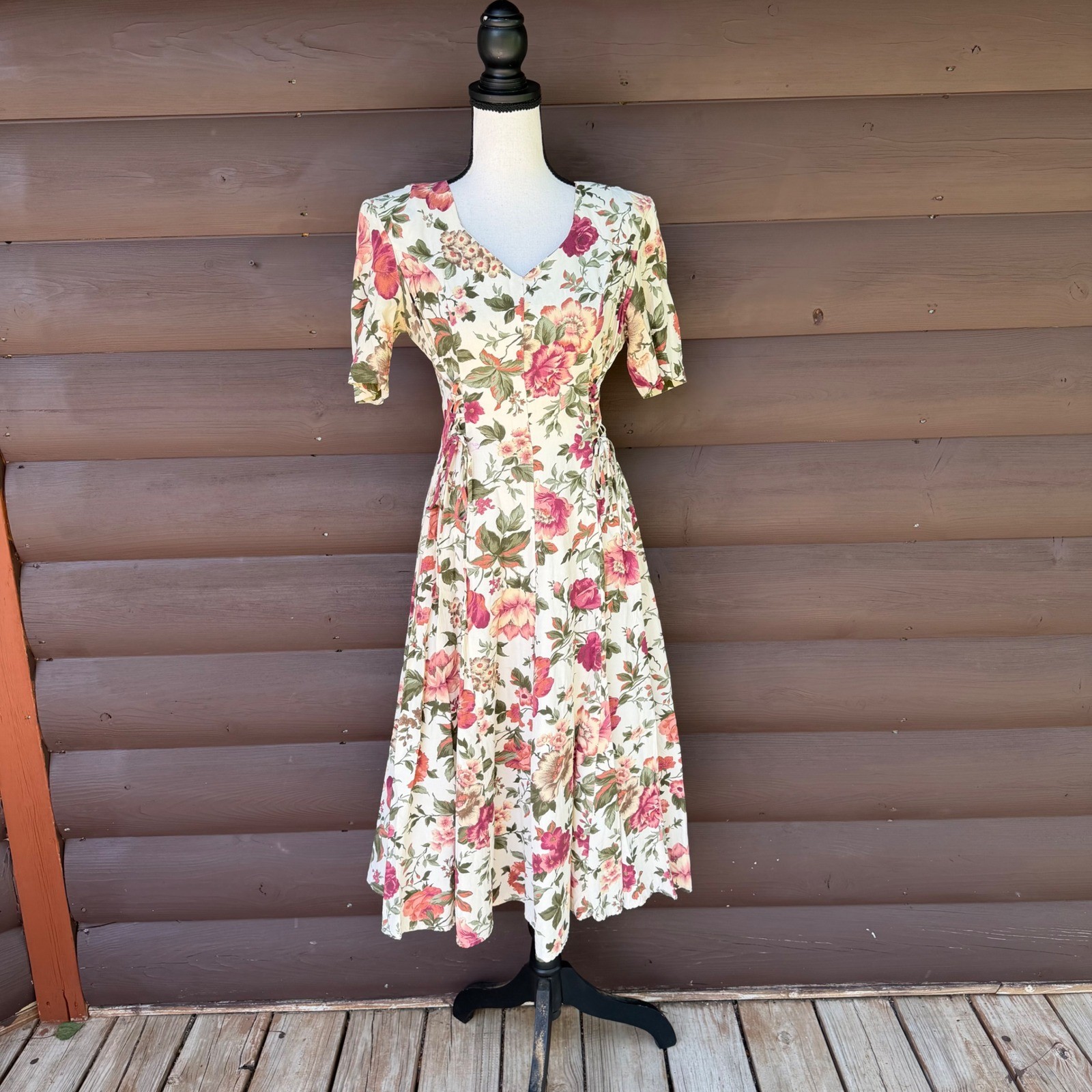 Vtg Paris Sport Club Floral Midi Dress Womens 7/8 Cream Pink 90s Lace Up Waist